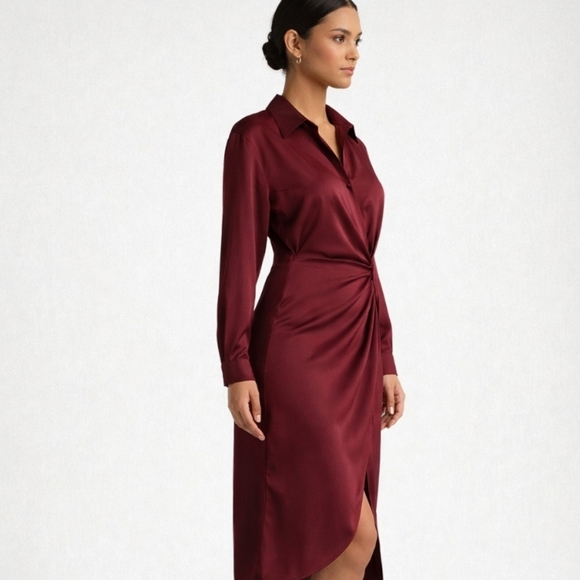 Astr The Label | Satin Wrap Shirt Dress Burgundy NWT - Picture 3 of 11